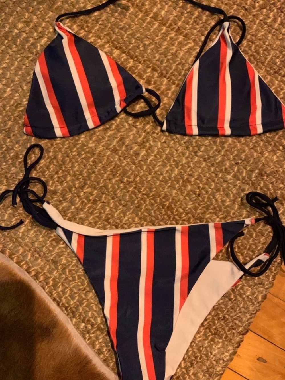 Navy Red and White Striped Triangle Bikini